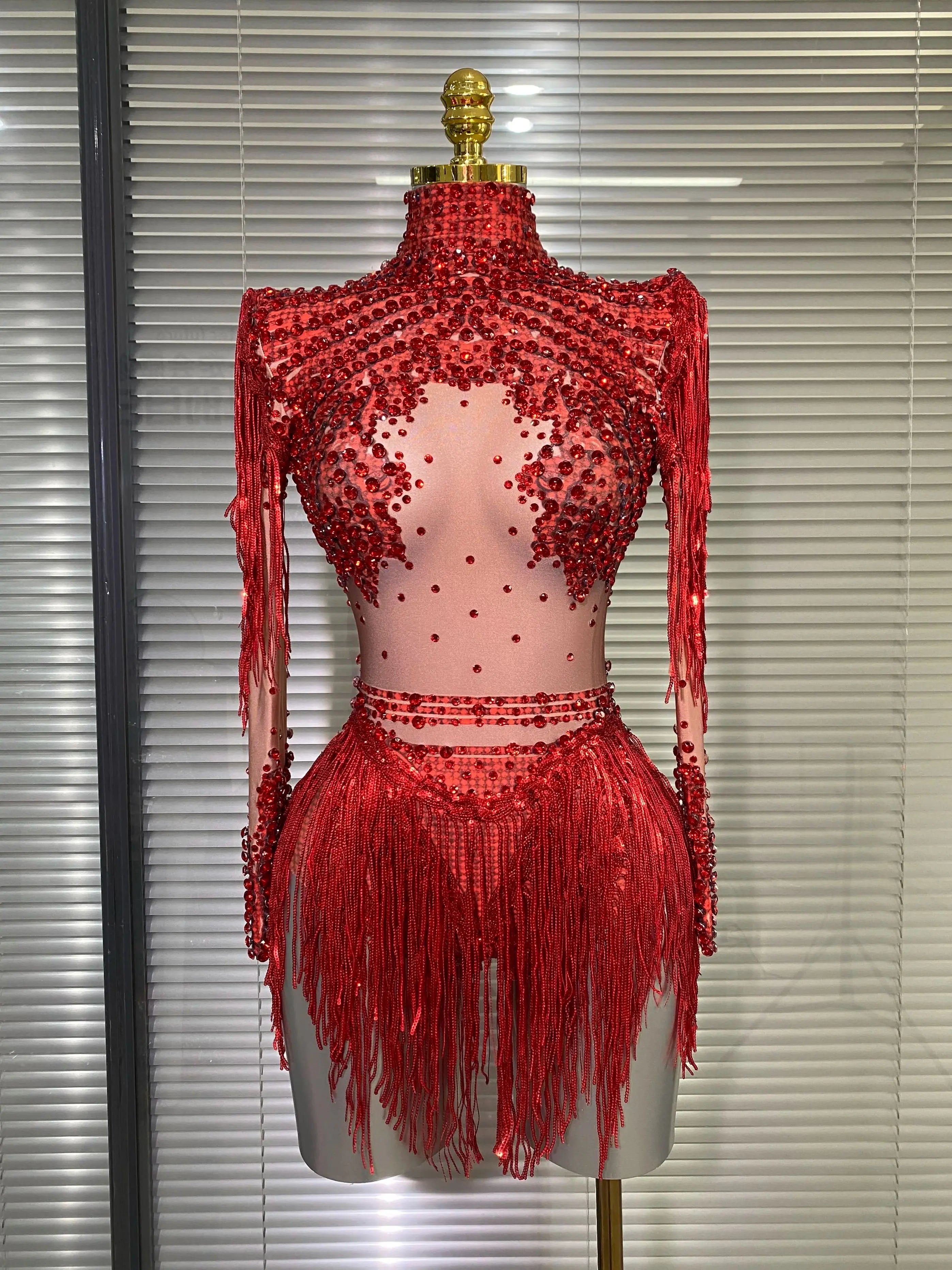 Women Sexy Skin Whtie Red Gold Crystal Stretchy Night Club Singer Dancer Tassel Dancer Red Stage Costume Party Bodysuit