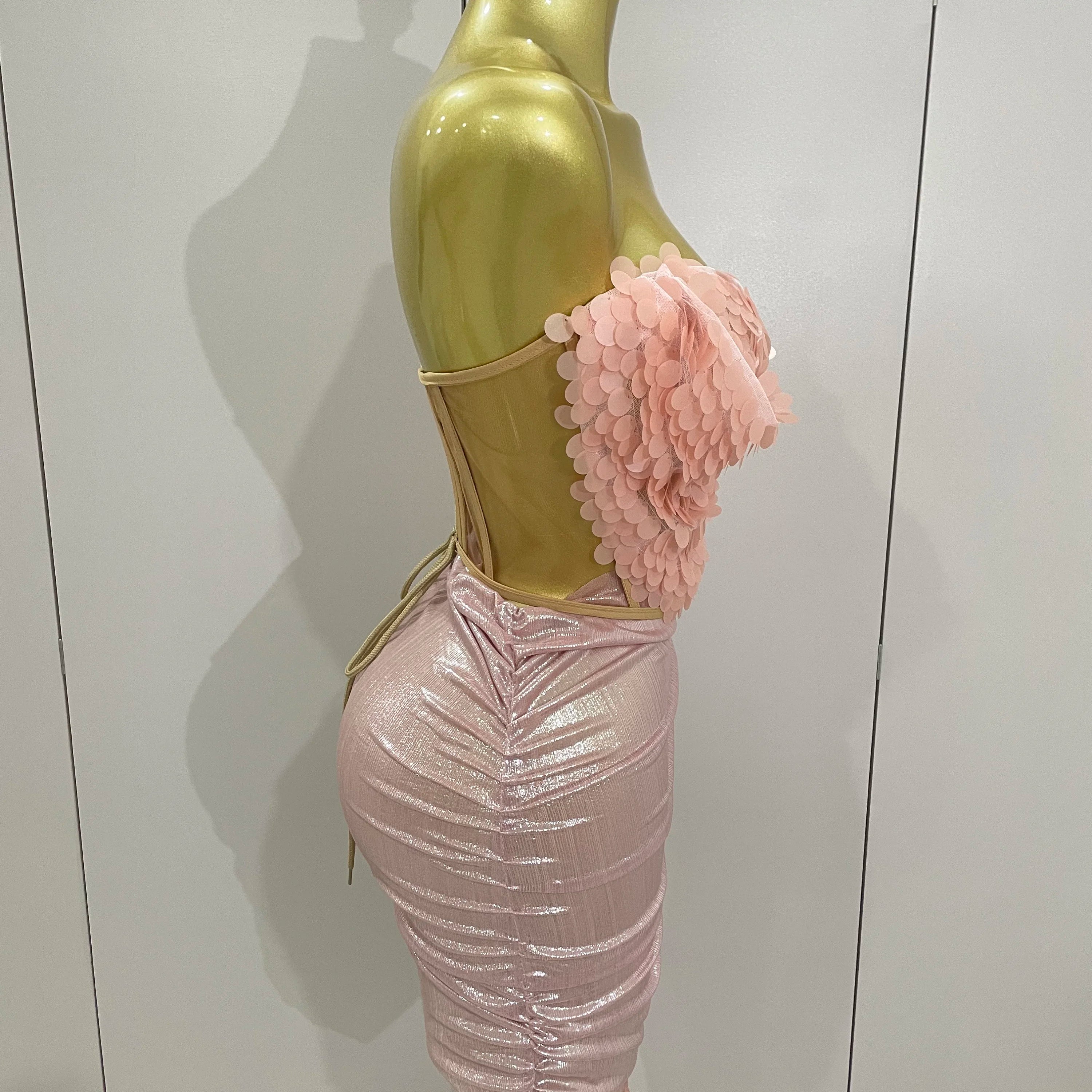 2025New Sexy Pink Sequin Strapless 2 Pieces Bodycon Mini Dress Women Celebrate Birthday Party Bar Singer Nightclub Stage Costume