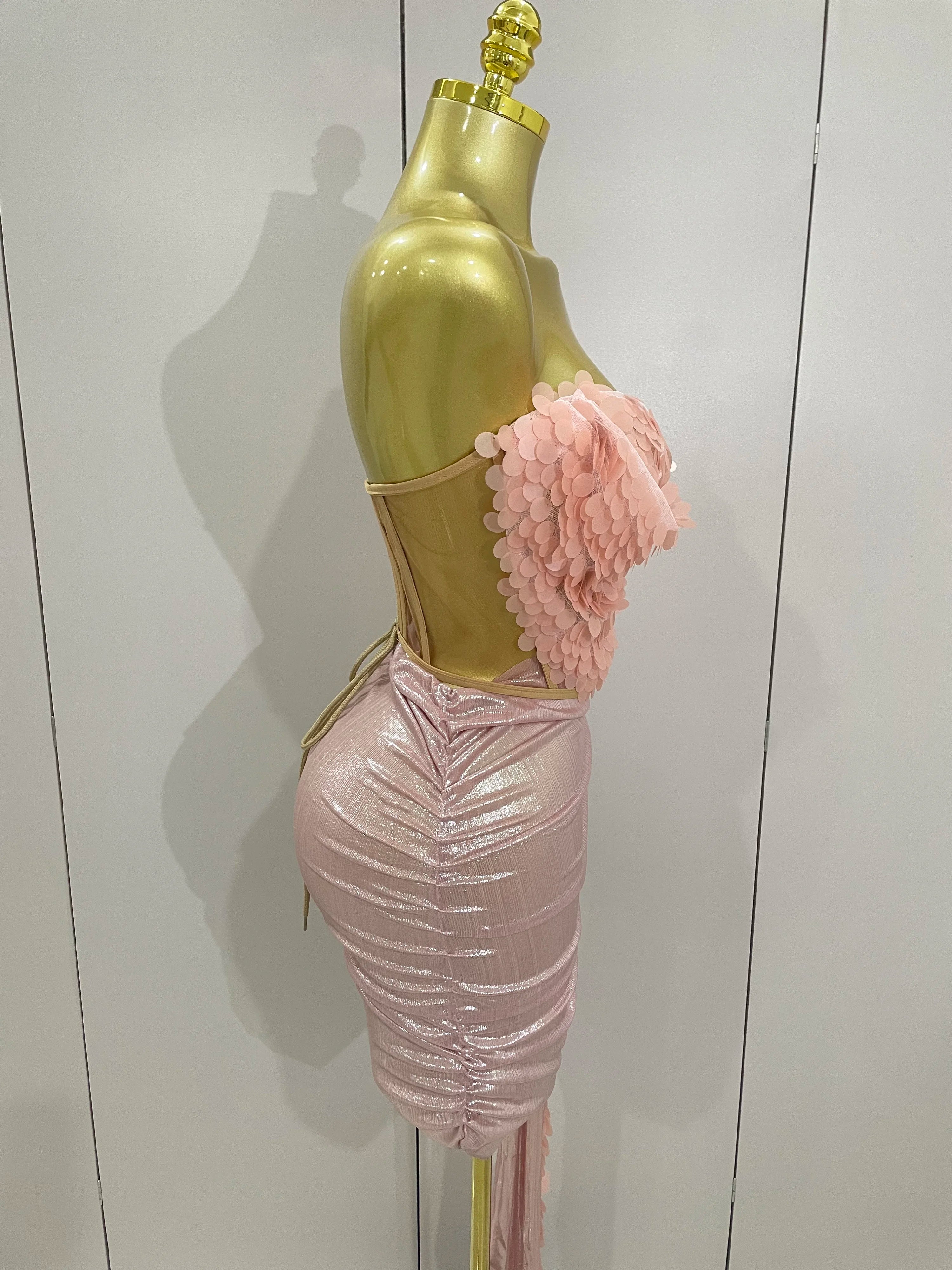 2025New Sexy Pink Sequin Strapless 2 Pieces Bodycon Mini Dress Women Celebrate Birthday Party Bar Singer Nightclub Stage Costume