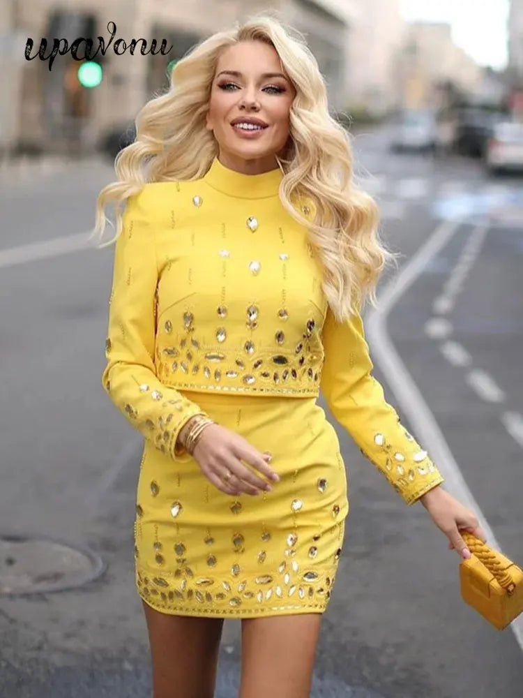 2024 Heavy Industry Nail Bead Inlaid Diamond Short Skirt Set O-neck Long Sleeve Slim Fit Short Top+Nail Bead Skirt Two Piece Set