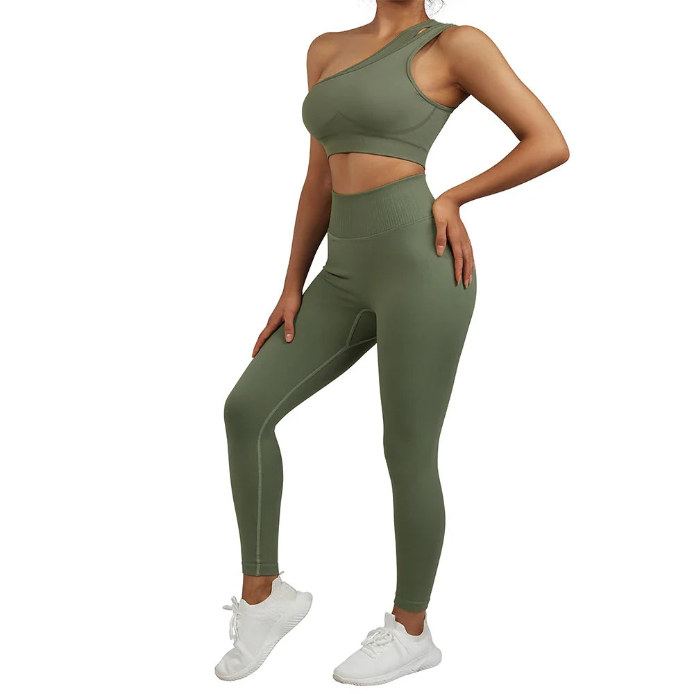 One Shoulder Yoga Sets Women Sportswear Gym Clothing High Waist Leggings Workout Gym Outfits Fitness Wear Sports Yoga Suits SS321AG