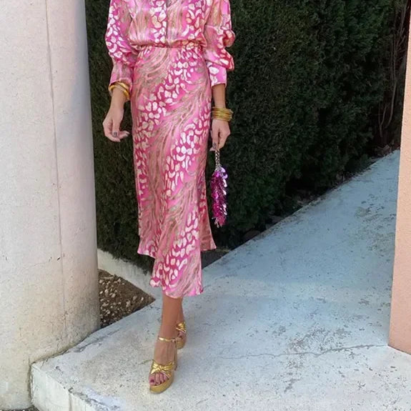 Elegant Printed Shirts Skirts Sets For Women Fashion Lapel Sleeves High Waist 2-piece Suits Summer Lady High Streetwears Pink overskirt