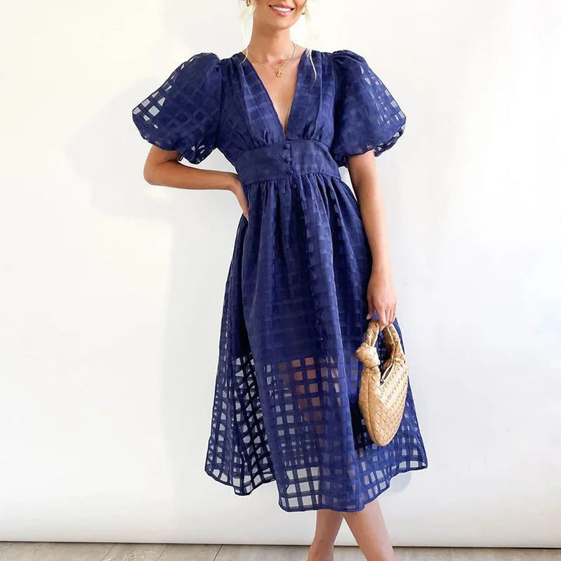 Summer Multicolor Lantern Short Sleeve Long Dress Elegant Ladies Solid V Neck Big Hem Dress Fashion Mesh Plaid High Waist Dress DEEP BLUE