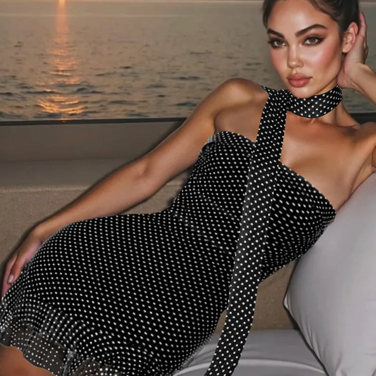 Scarf Collar Polka Dot Mini Dress Women Robe Fashion Off-shoulder Backless Sleeveless Ruffled Club Party Dress Vestido