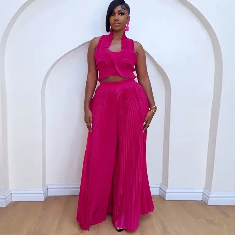 CM.YAYA Streetwear Women's Set Sleeveless Halter Crop Pleated Top+Wide Leg Pants Elegant 2024 Fall Party Two 2-Piece Set Outfits Rose Red One Size