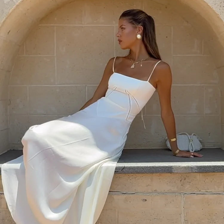 Elegant Solid Satin Ruffles Sling Long Dress Lady Sexy Square Collar Backless Sleeveless Lace Up Robes Chic Women Party Dresses