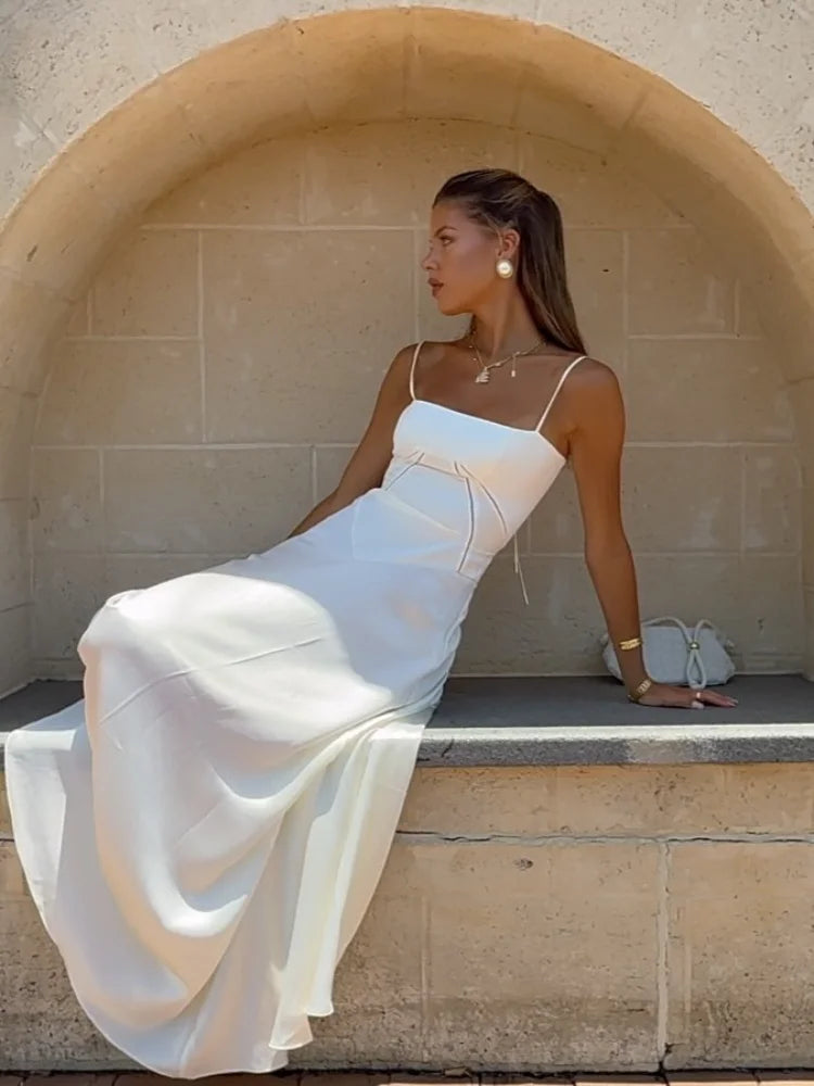 Elegant Solid Satin Ruffles Sling Long Dress Lady Sexy Square Collar Backless Sleeveless Lace Up Robes Chic Women Party Dresses