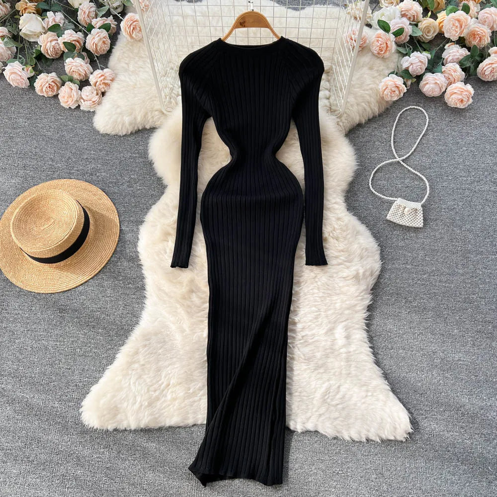 Winter Women Knit Maxi Dress O Neck Autumn Long Sleeve Slim Solid Harajuku Ladies Fashion Pencil Sweater Long Dresses black One Size