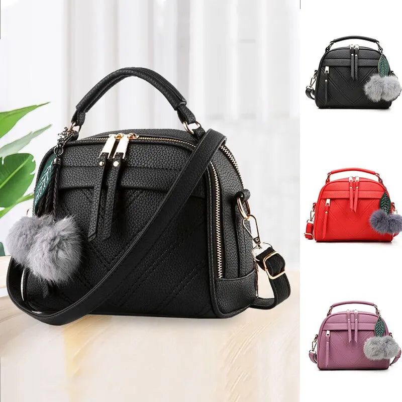 Women Messenger Bags PU Leather Handbag Inclined Shoulder Bag Women Crossbody Handbags Bag Ball Tassel Bag