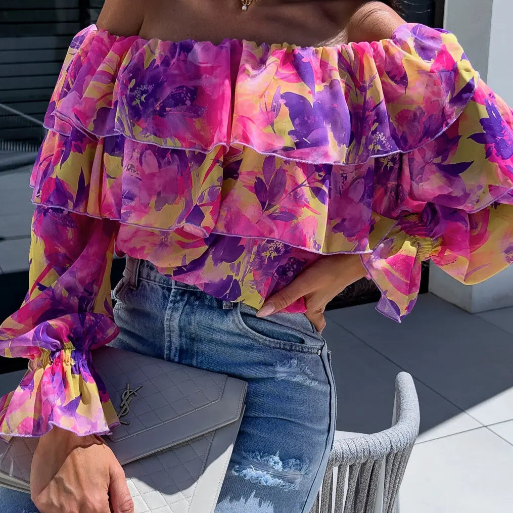 Summer Fashion Off Shoulder Printed Chiffon B LouseWomen Sexy Beach Style Slash Neck Ruffle Chiffon Blouse Women Purple