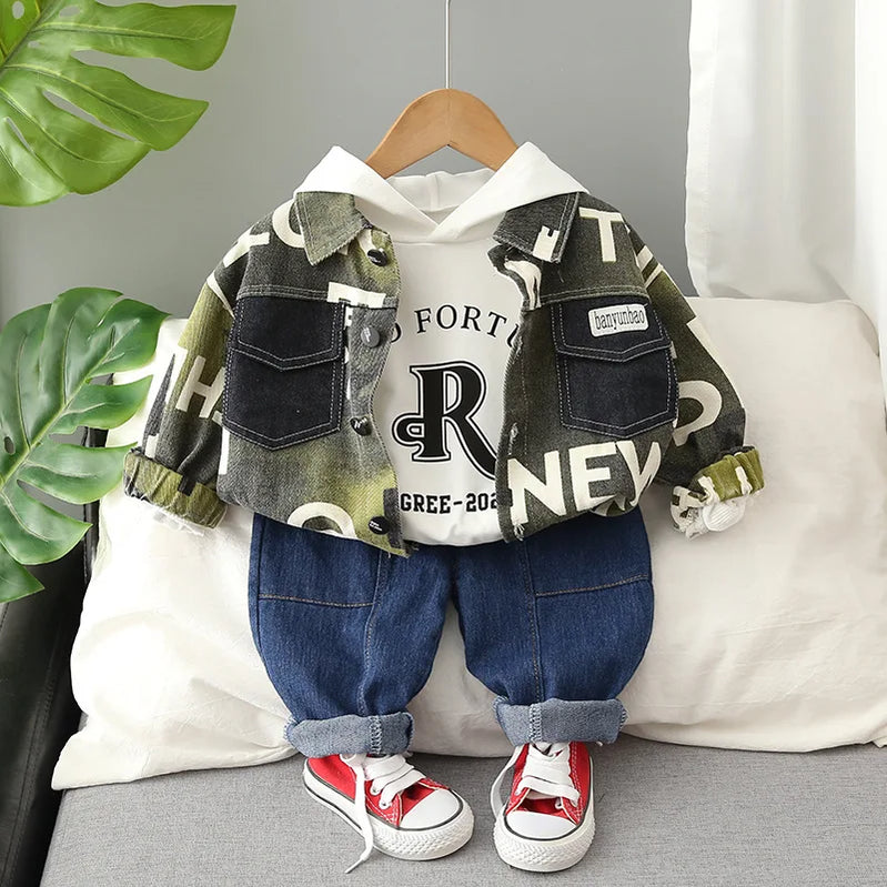 Baby Boy Cotton Clothes Spring Autumn Fashion Cowboy Trousers+Long Sleeve+Coat 3Piece Leisure Sports Stars Denim Clothes Suit AL03 Green