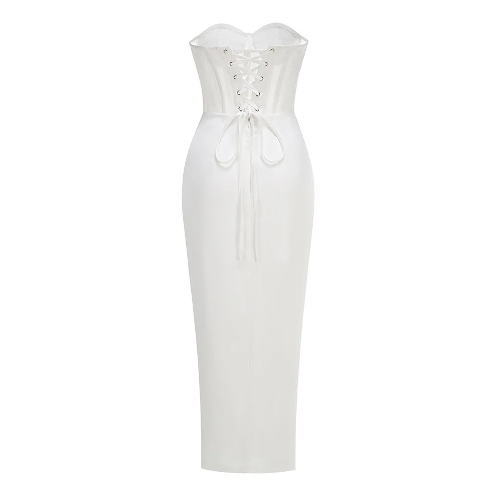 Summer Women Sexy Strapless Laced-up Bodycon Long Dress Celebrate Evening Party Birthday Girls' Vacation Outfit Vestido