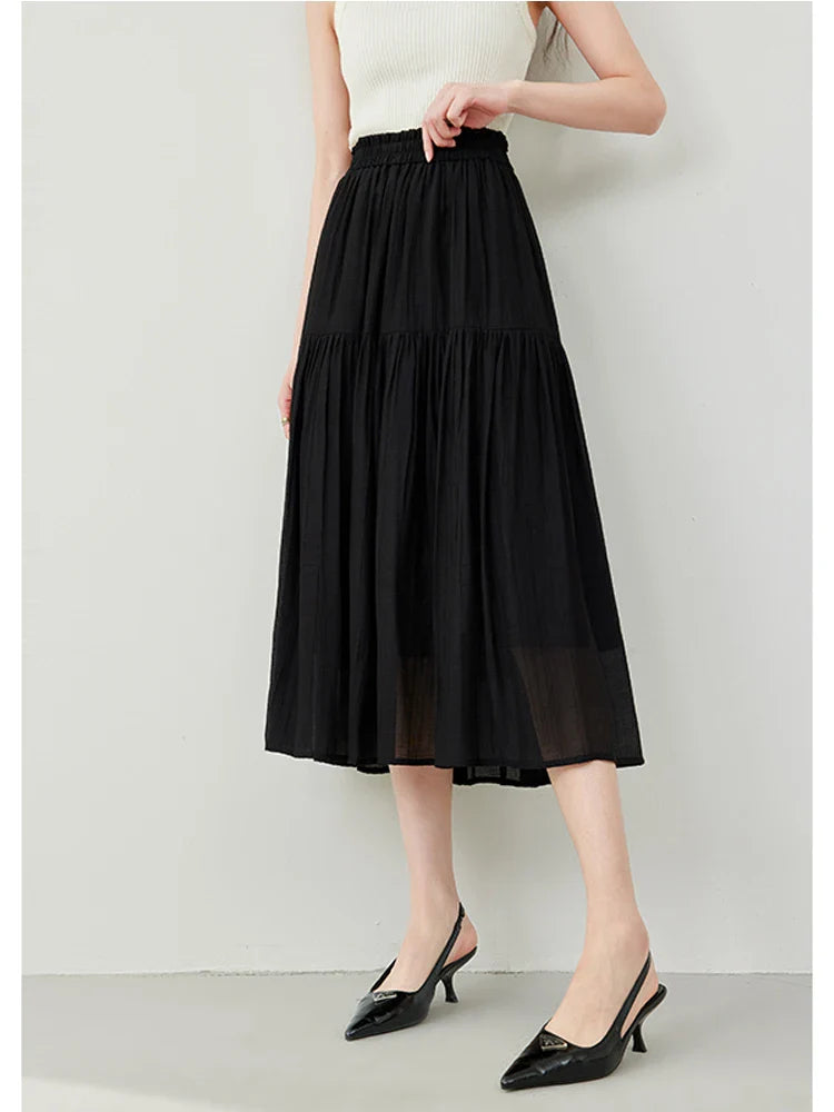 Vimly Black Elegant A-line Women's Midi Skirt Spring Simple Elastic Waist Solid Thin Female Skirts Women's Clothing M6079 Black