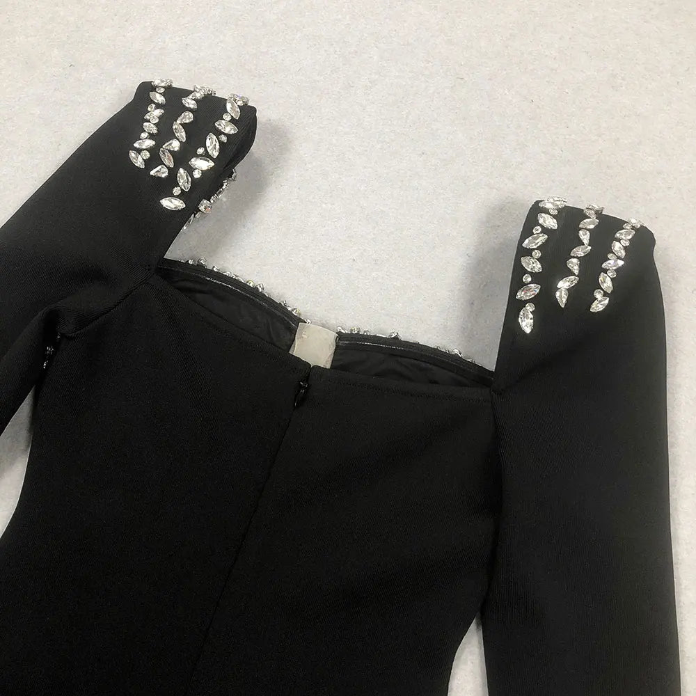 Elegant Light Luxury Nail Diamond Tail Dress Women Long Sleeve Bodycon Bandage Dress Celebrity Evening Party Long Dress Vestidos