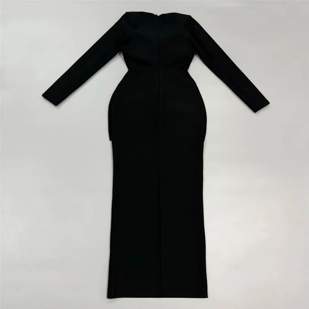Top Quality Women Long Sleeve Sexy Square Collar Shinning Diamond Bodycon Long Bandage Dress Elegant Evening Party Cocktail Wear