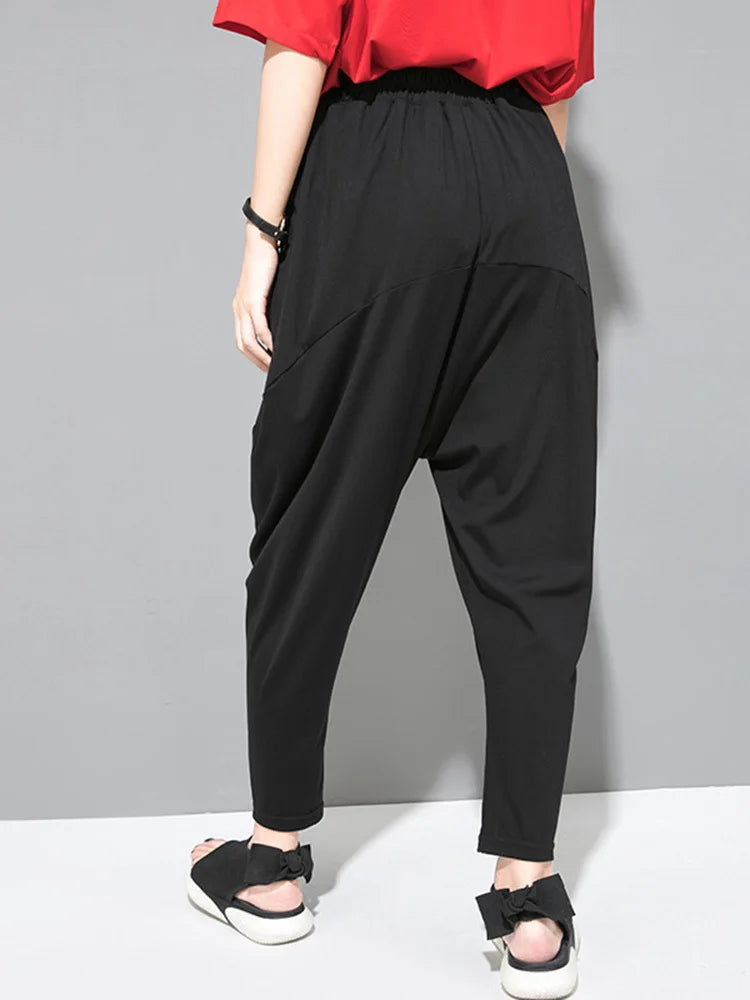 [EAM] High Elastic Waist Black Pockets Thin Harem Pants New Loose Fit Trousers Women Fashion Tide Spring Summer 1DF4728