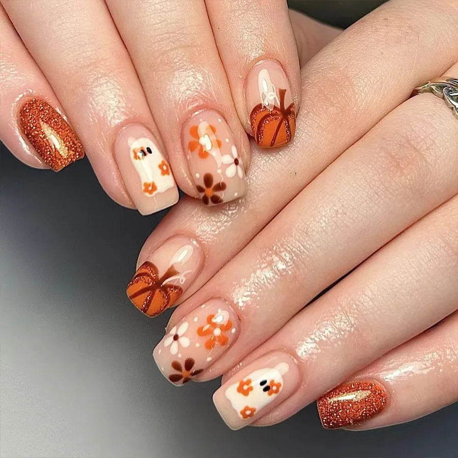 24Pcs Short Press-on Nails Set Square Fallen Leaves Design Orange Flower Nail Tips for Autumn Winter Nails Fake Women&girls Wear