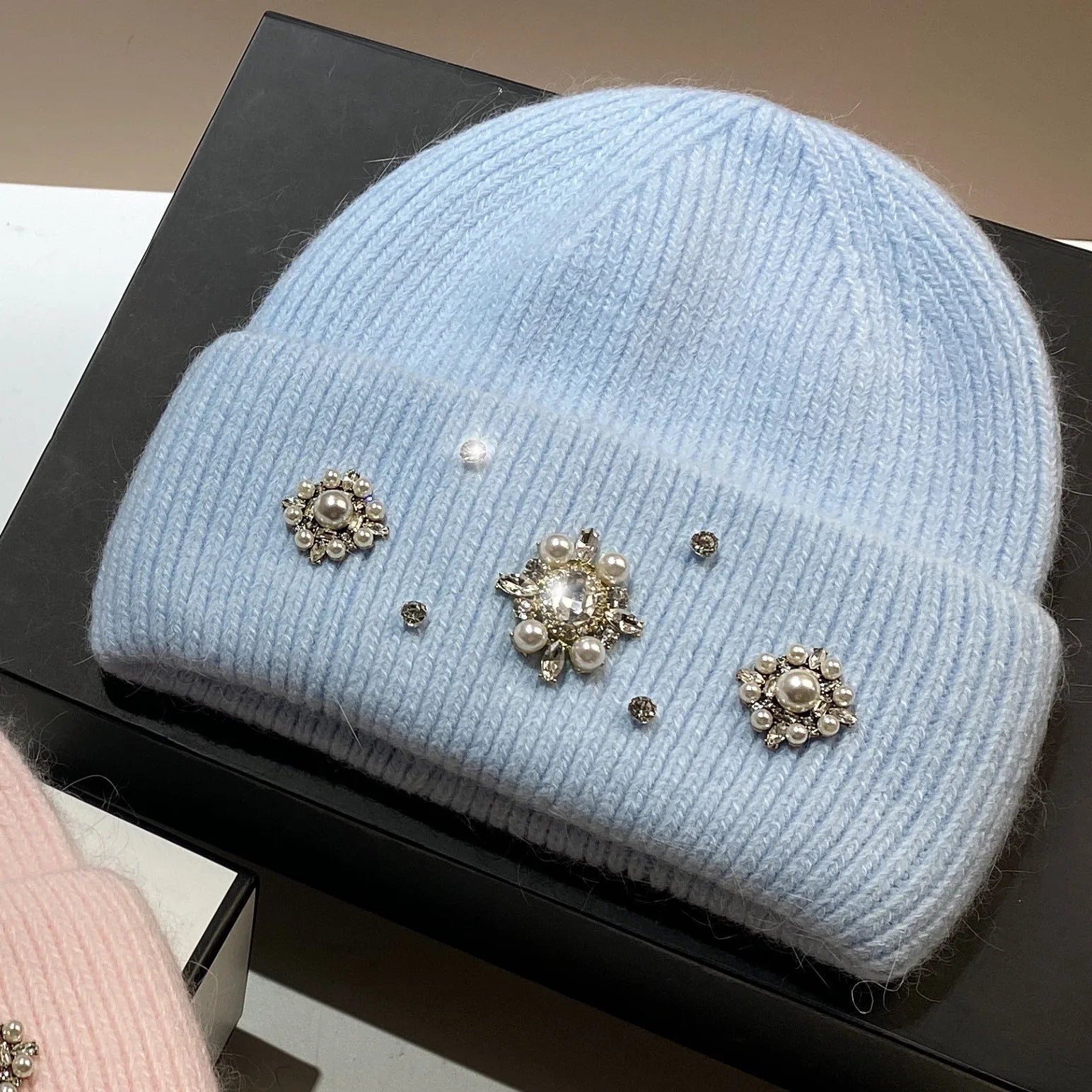 Real Rabbit Fur Winter Warm Knitted Hat Luxury Rhinestone Women's Wool Skullies Beanies Female Cold Hat Outdoor Skiing Cap Light Blue