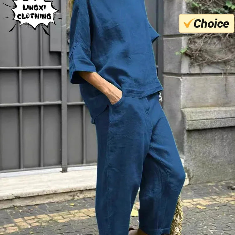 Summer Fashion New Style Matching Series Round Neck Cotton Linen Top High Waist Wide Leg Long Pants Set Plus Size Women's Wear