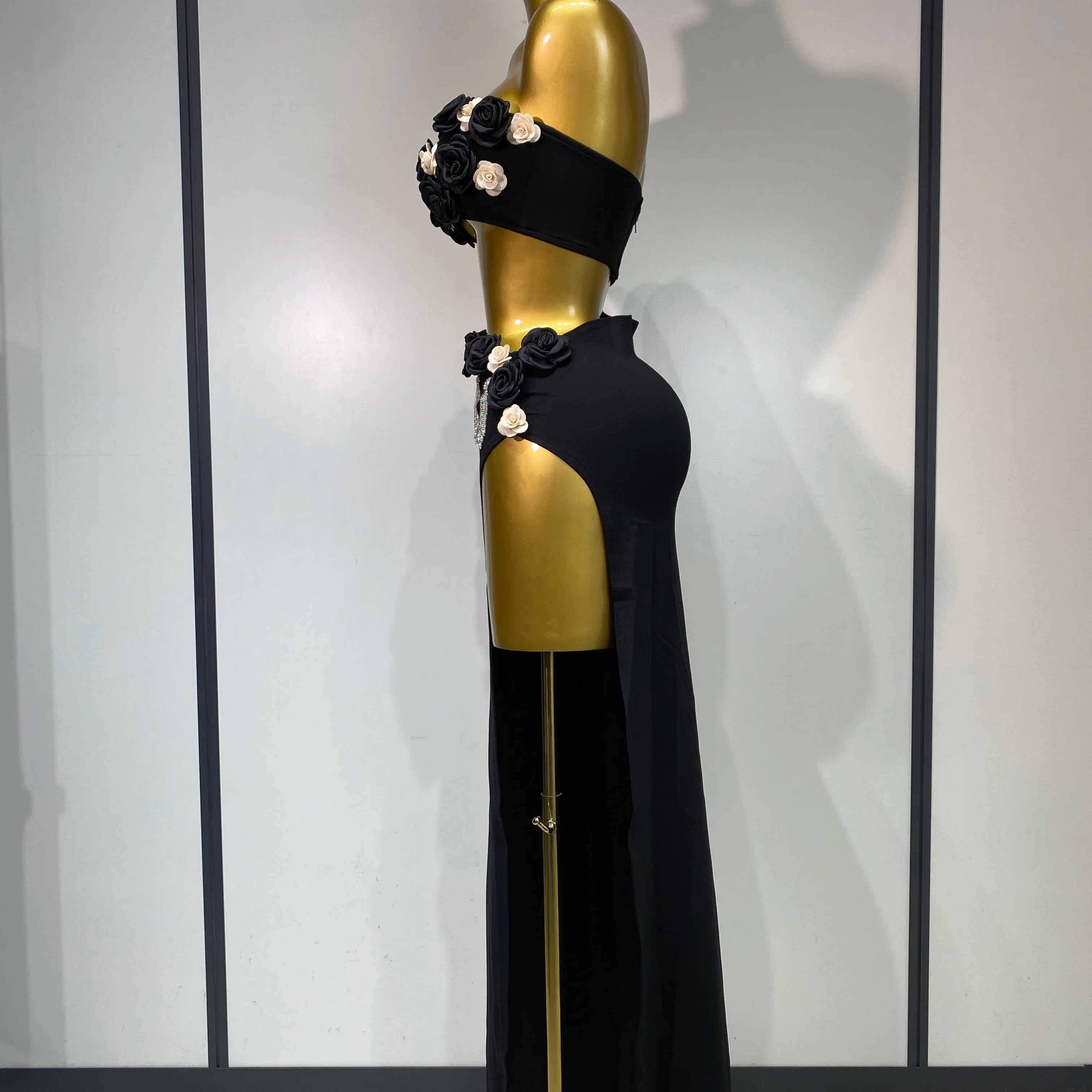 High Quality Women Sexy Flower Strapless Top High Slit Long Skirt Elegant Evening Party Two Piece Set Luxury Birthday Club Gown