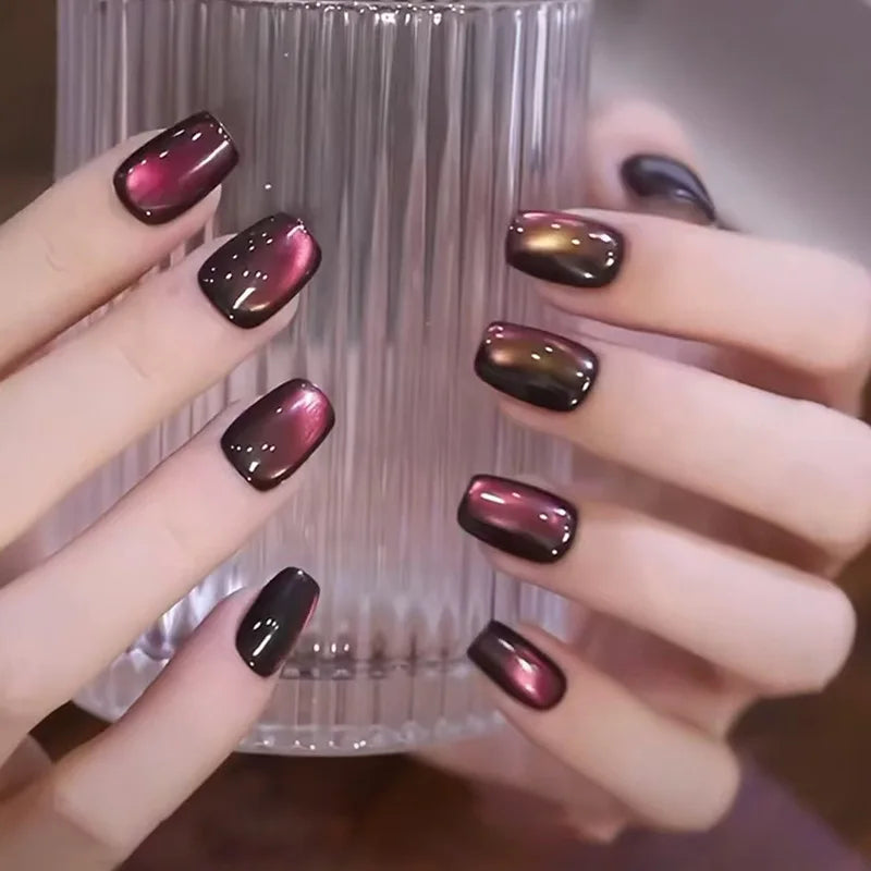 24Pcs/30Pcs Short Square Ballet False Nails Full Cover Glitter Cat Eye Press on Nail Wearable Fashion Nail Patch with Jelly Glue