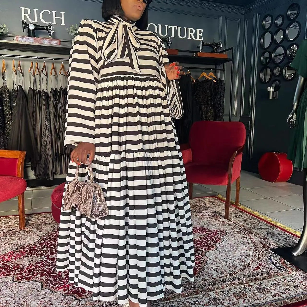 CM.YAYA Vintage Women Striped Bowknot Collar Long Sleeve High Waist Big Swing Babydoll Maxi Long Dress 2023 New Vestidos Dresses