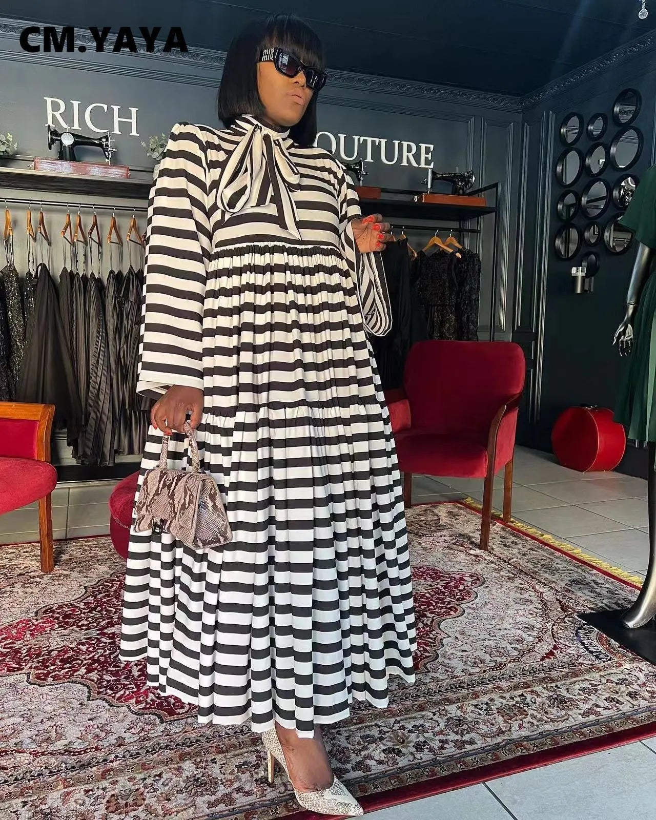 CM.YAYA Vintage Women Striped Bowknot Collar Long Sleeve High Waist Big Swing Babydoll Maxi Long Dress 2023 New Vestidos Dresses