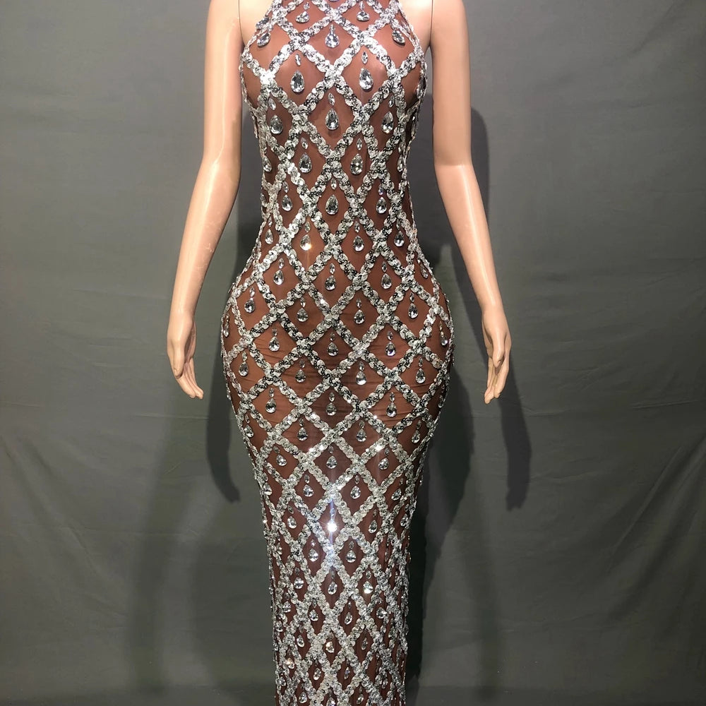 Sparkly Sequins Crystals Long Sleeves Dress Women Evening Prom Birthday Dress Sexy Transparent Rhinestones Photo Shoot Dress sleeveless dark