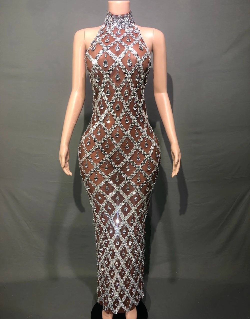 Sparkly Sequins Crystals Long Sleeves Dress Women Evening Prom Birthday Dress Sexy Transparent Rhinestones Photo Shoot Dress sleeveless dark