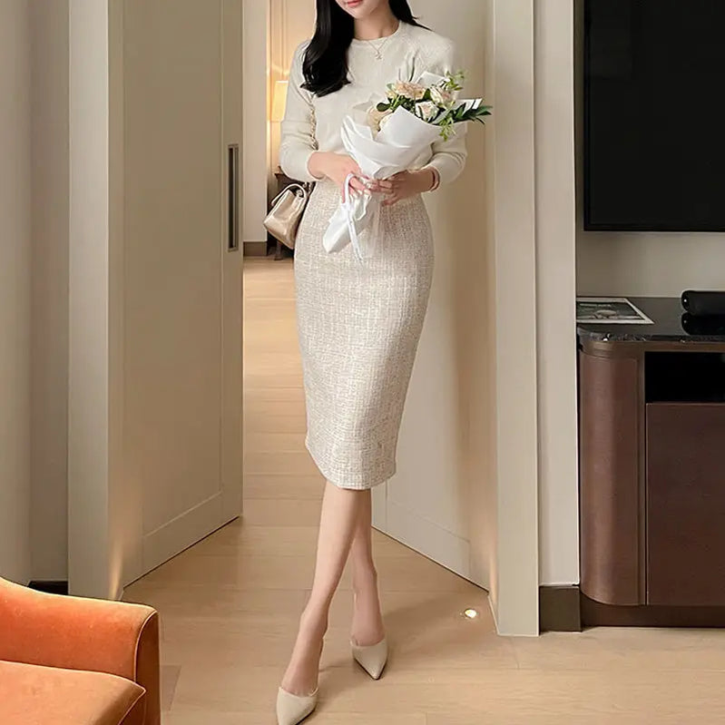 2023 Women Autumn Winter New High Waist Tweed Skirts Female Slim Package Hip Skirts Ladies High Waist Long Solid Skirts Y597