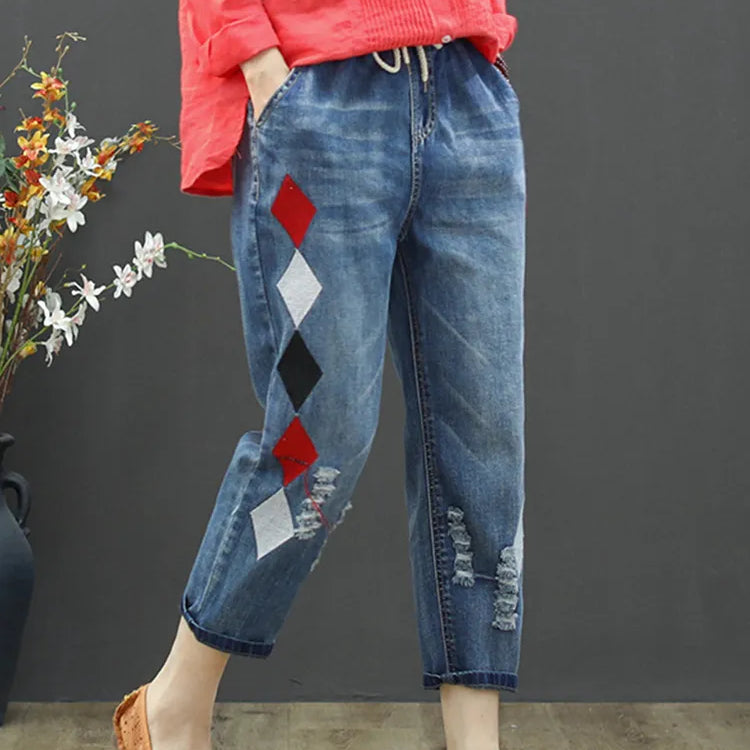 Autumn Ladies Luxury Embroidery Jeans Womens Fashion Vintage Ripped Denim Trousers Loose Holes Elastic Harem Pants