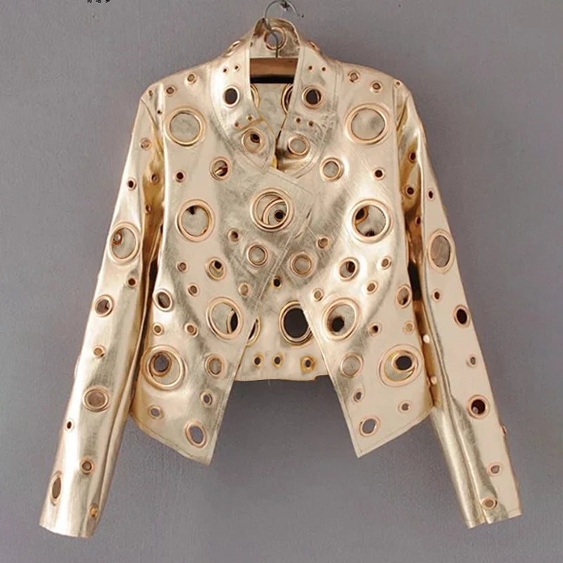 Runway Cut Out Short Faux Leather Jacket Golden Rivet Cool Stylish Designer Clothes Women European American Fashion Gold