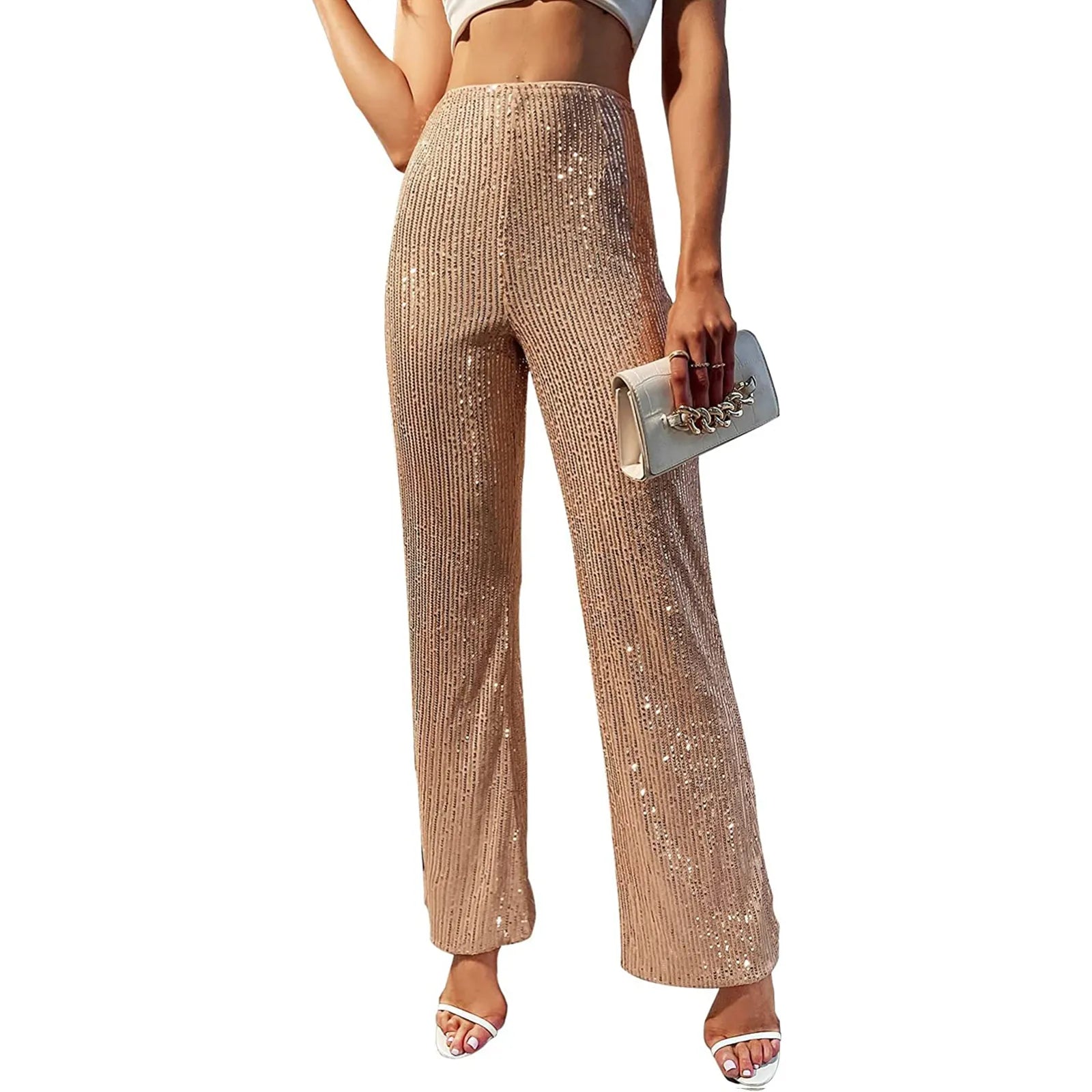 Women Glitter Sequin Wide Leg Pants High Waist Flared Bell-bottom Trousers Slim Fit Party Clubwear Shiny Sparkly Pants B-Champagne