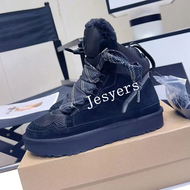 Flat Bottom Thick Bottom Snow Boots Women's Artificial Fur Wool Lining Ankle Boots Winter Thickened Warm Cotton Shoes black 1