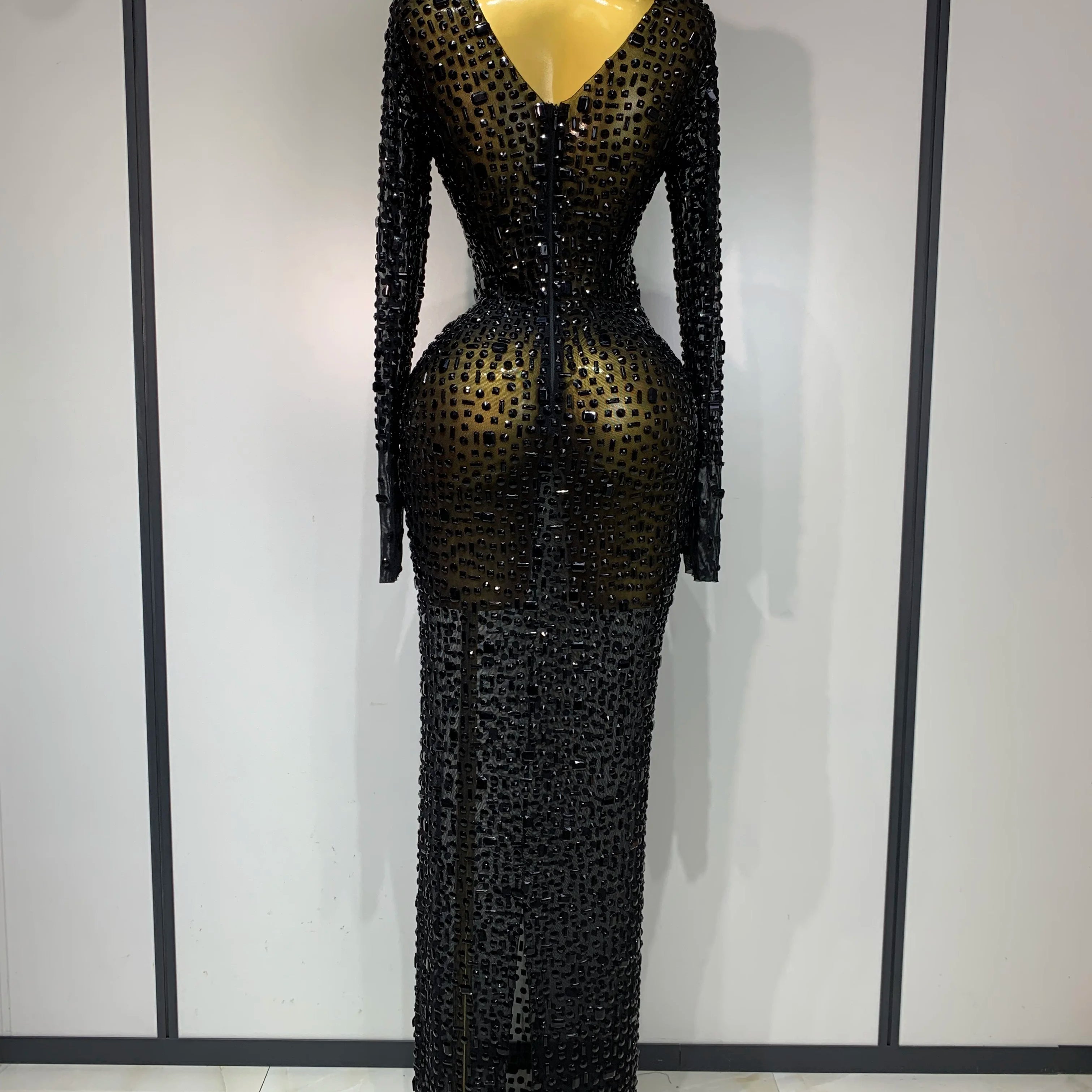 Sparkly Luxury Rhinstones Long Sleeve Elegant Party Dress Women 2025 Performance Stage Outfit Evening Birthday Prom Gown