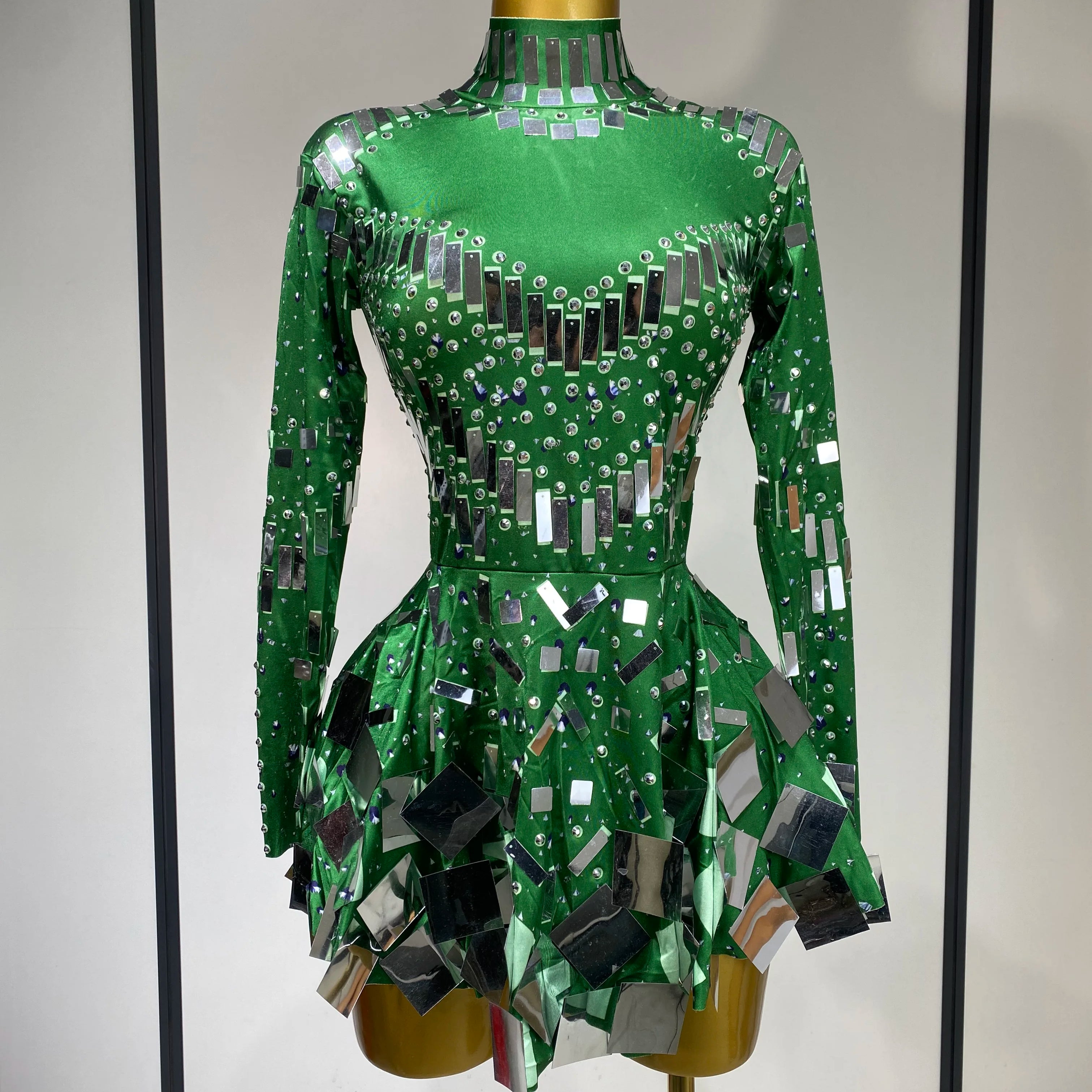 Women Sexy High Elastic A-Line Long Sleeve Dress Performance Costume Sparkly Nightclub Evening Party Hotwife Stage Outfit