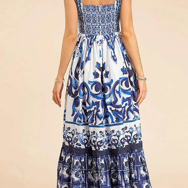 Women Sexy Printed Suspender Dress Fashion V-neck Backless High Waist Large Swing Midi Vestido Summer Female Chic Vacation Robes