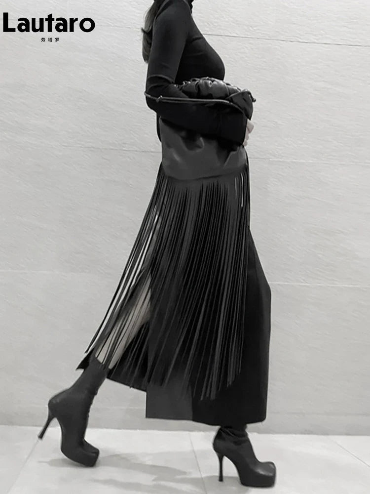 Spring Autumn Long Sexy Patchwork Pu Leather Midi Skirt Women with Slit High Waist 2024 Luxury Designer Clothes Fashion