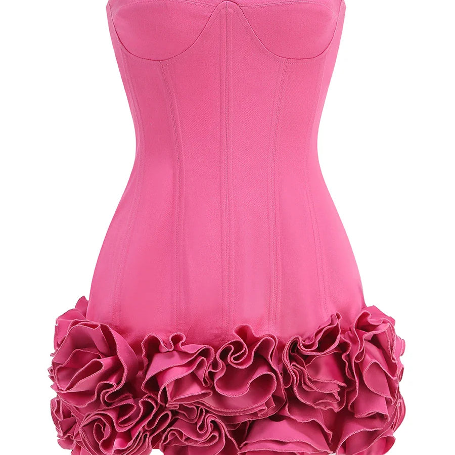 Pink Color Women Sexy Strapless Florals Bodycon Mini Dress Nigthclub Party Celebrate Birthday Fashion Outfit Vestido