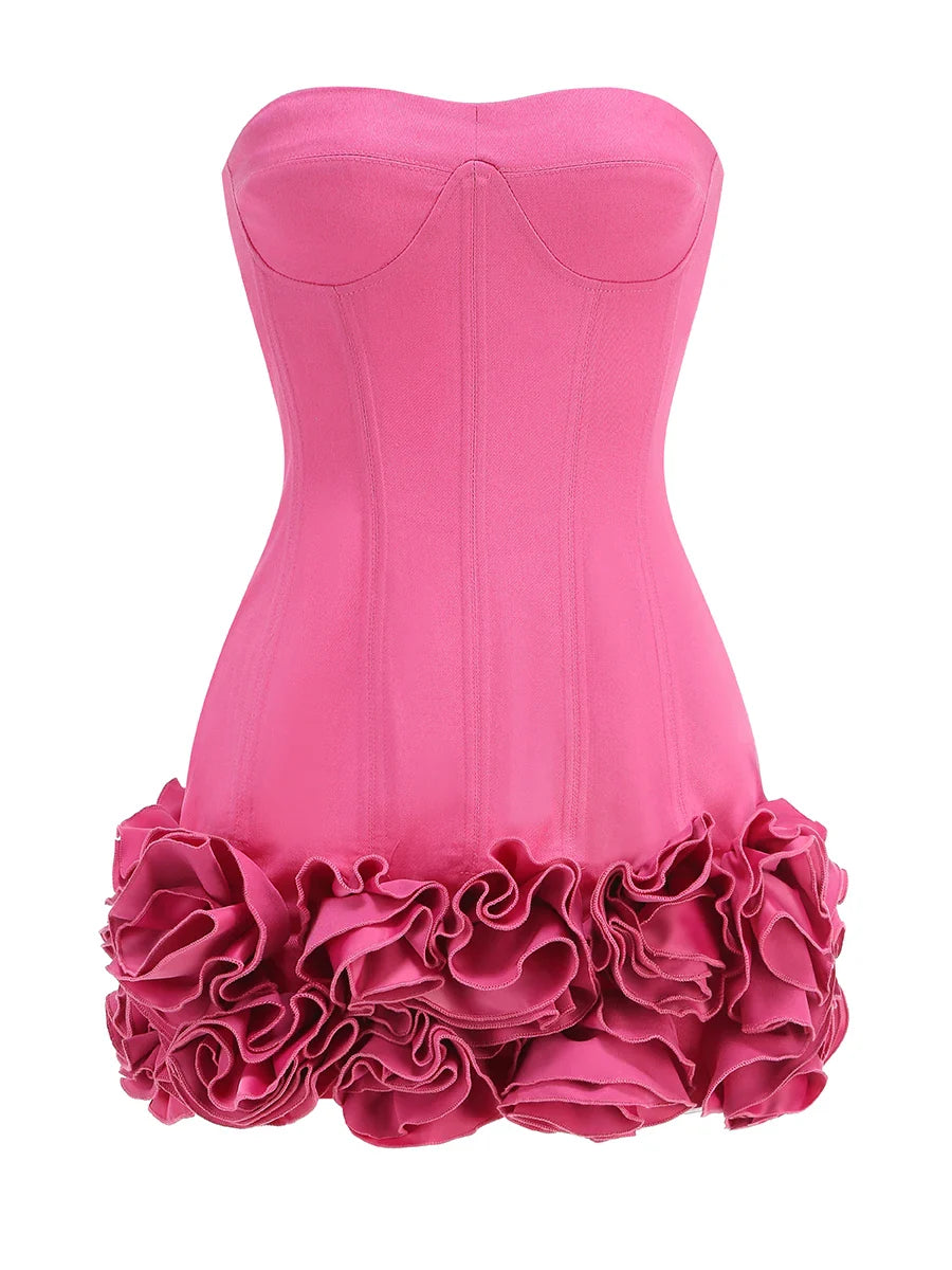 Pink Color Women Sexy Strapless Florals Bodycon Mini Dress Nigthclub Party Celebrate Birthday Fashion Outfit Vestido