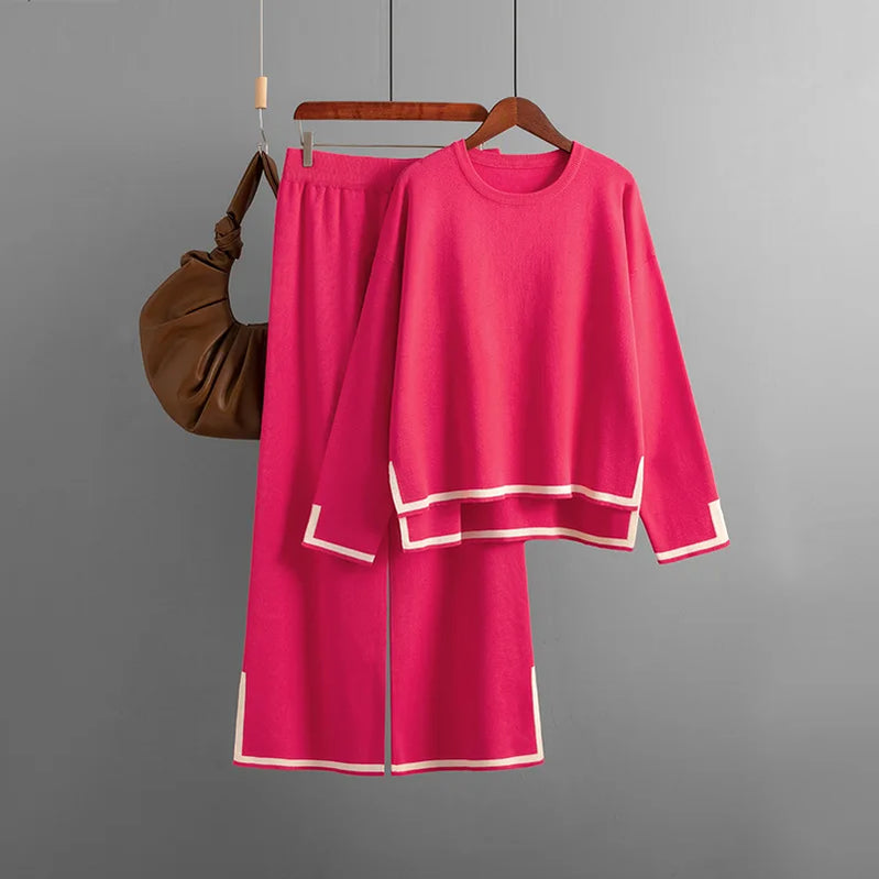 HLBCBG Knitted Women's Trousers Suit Two Piece Set Beige Winter Loose Long Sleeve Knitwear Flare Pants Sets Female Casual Suits Fuchsia One Size