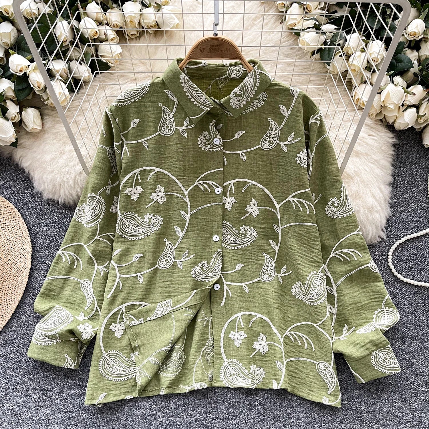 Vintage Elegant Embroidery print turn-down collar Blouse Fashion Single Breasted sweet Shirt  Casual Chic Top Fairy Summer Women