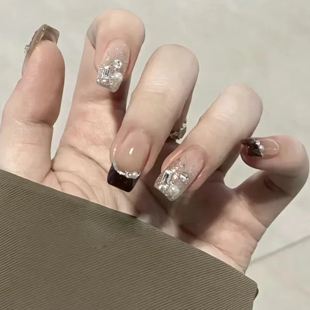 Shiny Crystal Glitter Powder Cat Eye Rhinestone Pearl Short Fake Nails Art Korean False Nails Zircon DIY Press on Nails Manicure