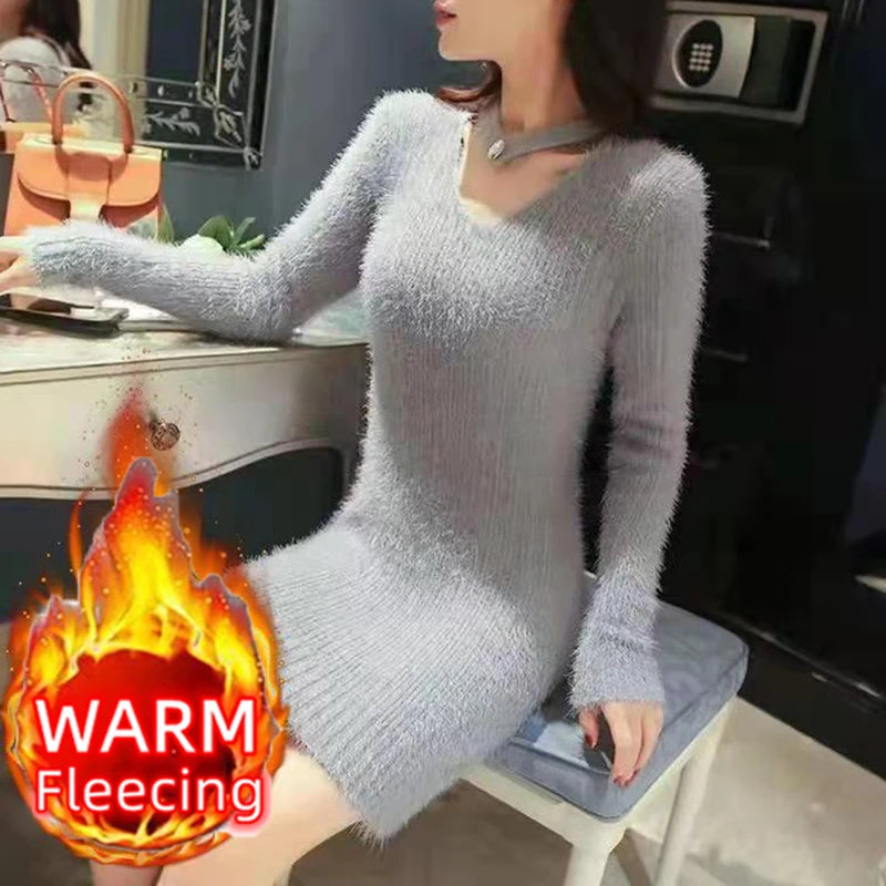 Winter Imitate Mink Wool Hot Fleecing Female Casual Sweater O-neck Long Puff Pink Solid Women Knitted Tops Elastic Pullovers Thick-Grey One Size