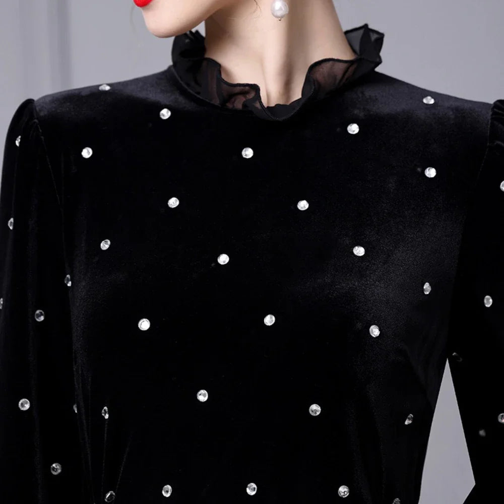 Solid Slimming Spliced Wave Point Elegant Dresses for Women Round Neck Long Sleeves Patchwork Bead Dress Female New