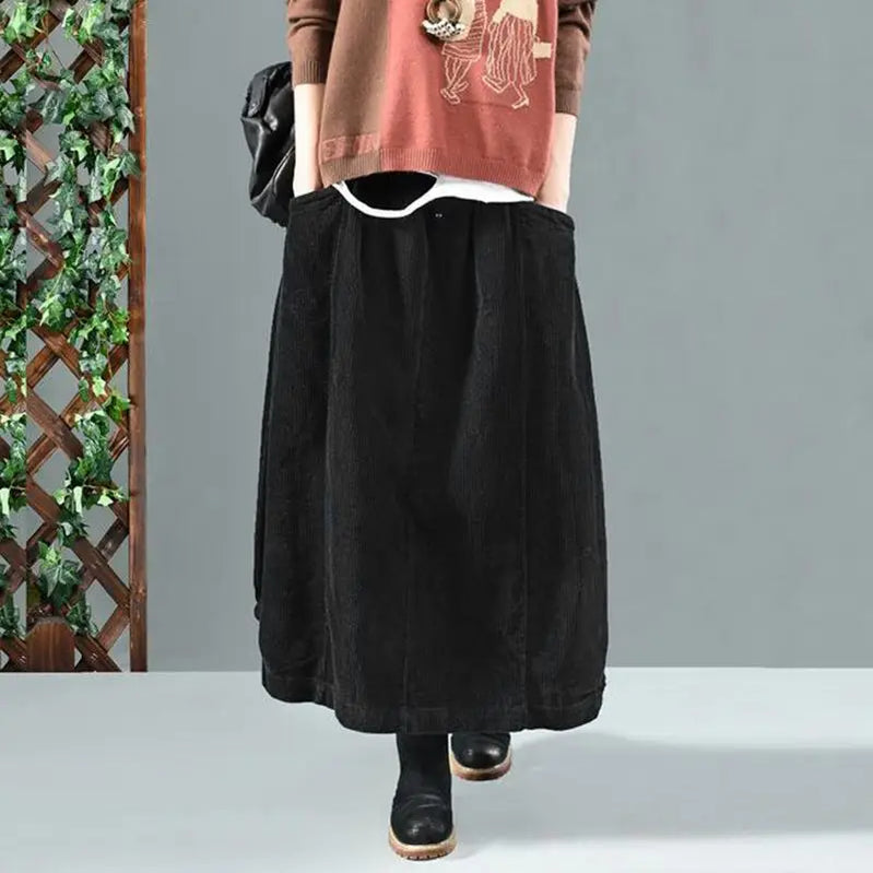 Women Corduroy Skirts Casual Elastic Waist Long Skirt Female Faldas Saia Autumn Vintage Solid Jupe Vestidos Oversize black