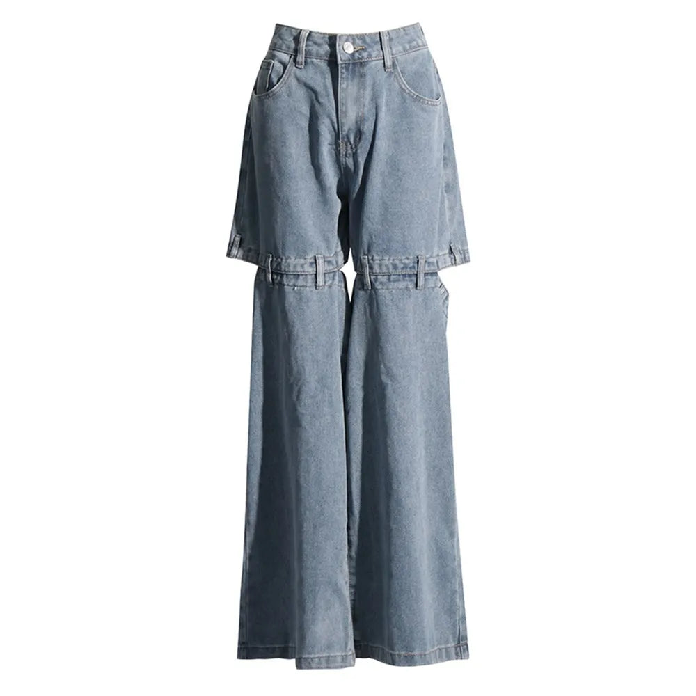 Hollow Out Streetwear Denim Trousers For Women High Wasit Loose Patchwork Wide Leg Pats Female Fashion Summer Clothing New LIGHTBLUE