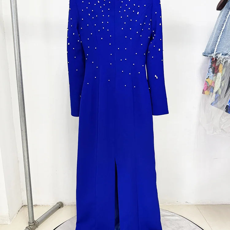 TWOTWINSTYLE Solid Slimming Spliced Bead Luxurious Dresses for Women Square Neck Long Sleeves Patchwork Split Dress Femlae New