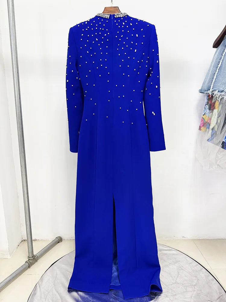 TWOTWINSTYLE Solid Slimming Spliced Bead Luxurious Dresses for Women Square Neck Long Sleeves Patchwork Split Dress Femlae New