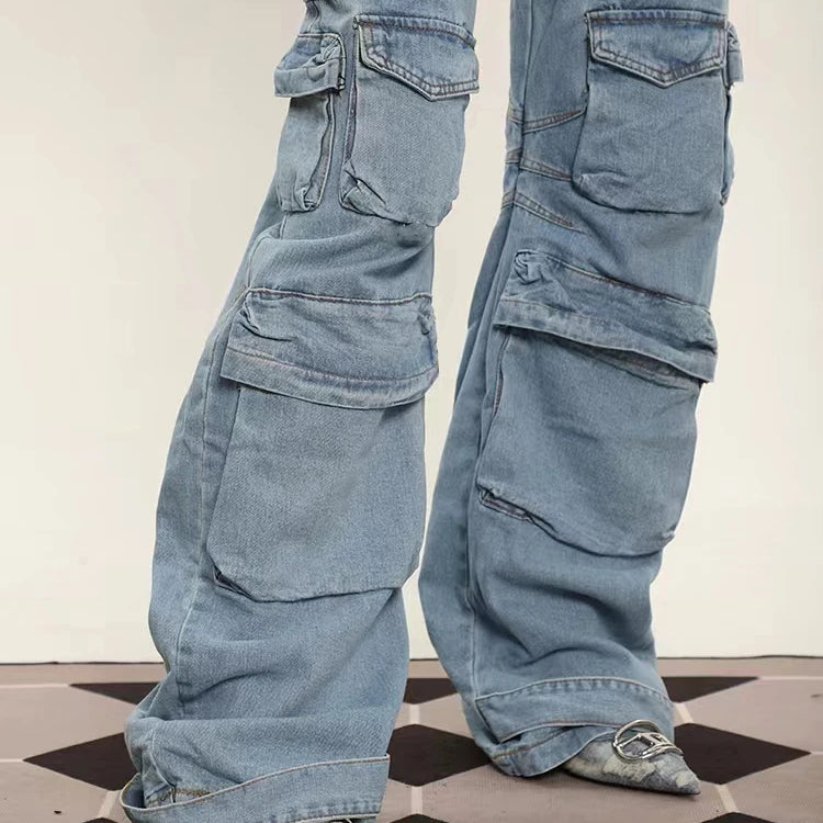 Grunge Punk High Street Style Oversized Cargo Jeans Women Spring Autumn Y2K Korean Fashion Pockets Loose Denim Boyfriend Pants